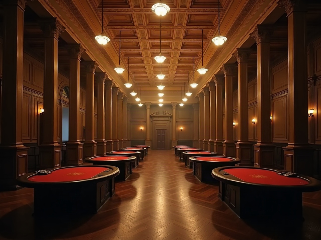 Interior amplio de una antigua sala de juego con techo artesonado y columnas, sin personas